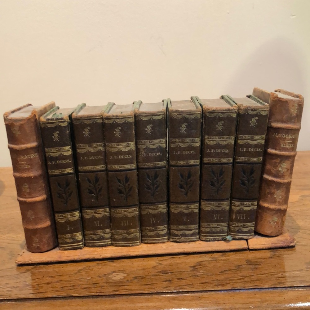 Works by J.F. Ducis in 7 volumes and antique book holder